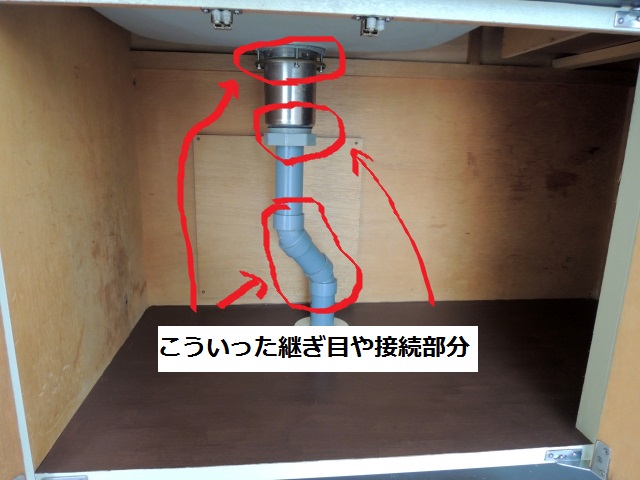 洗面台の排水管の水漏れしやすい箇所その2：排水管の接合部やつなぎ目